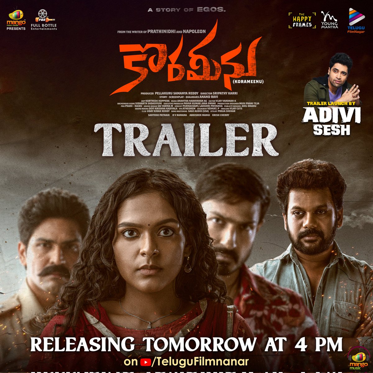 Prepare to be captivated by this gripping trailer of #Korameenu which will be launched by <a href="/AdiviSesh/">Adivi Sesh</a> Garu tomorrow at 4 pm on @TeluguFilmNagar 

Audio on <a href="/MangoMusicLabel/">Mango Music</a> 

#Korameenuintheatresfrom31stDec 
<a href="/Anandravi2324/">Anand Ravi</a> <a href="/kishori_dhatrak/">Kishori D</a> <a href="/harishuthaman/">Harish Uthaman</a> <a href="/ShatruActor/">Iam_ shatru</a> @rajaraveendar