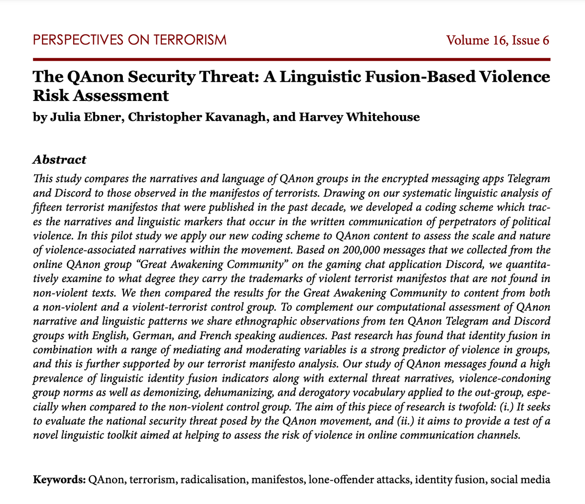 julie_renbe's tweet photo. My Oxford colleagues and I assessed the security threat that QAnon poses. You can find our analysis in this month's timely special issue of the peer-reviewed journal Perspectives on Terrorism: https://t.co/lsql6uMyiY. https://t.co/JHCJdzIYy0