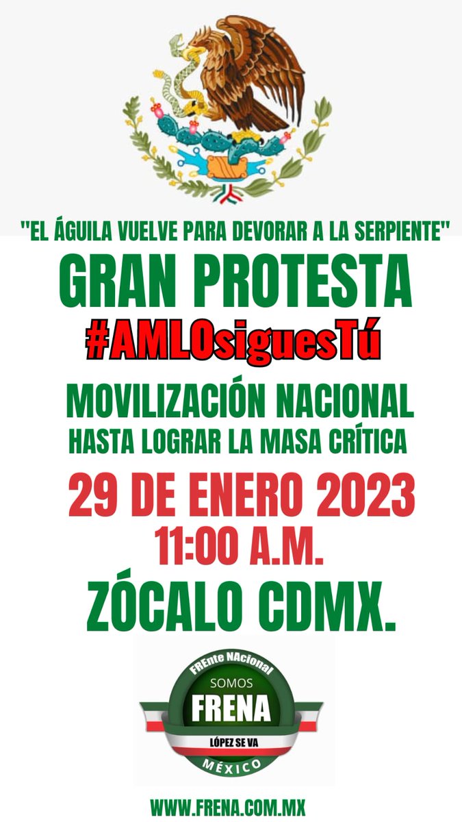OficialFrenaaa's tweet image. Invitamos a todas las organizaciones, líderes sociales, ciudadanos ANTI-AMLO, ANTI-Dictadura, a UNIRNOS.

Cada uno es libre de llevar su bandera, consigna, manta. 

TODOS SOMOS EL PROTAGONISTA

Día de masa crítica ENERO 29, #AMLOSiguesTu para fuera y al bote.