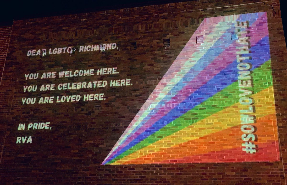 This weekend <a href="/RecTheMonument/">ReclaimingTheMonument</a> projected a “Love Letter” to RVA’s LGBTQ+ community on the West facing outside wall of <a href="/thebyrdrva/">The Byrd Theatre</a> Theatre. Queer people are welcome, celebrated, and loved here. 🏳️‍⚧️🏳️‍🌈