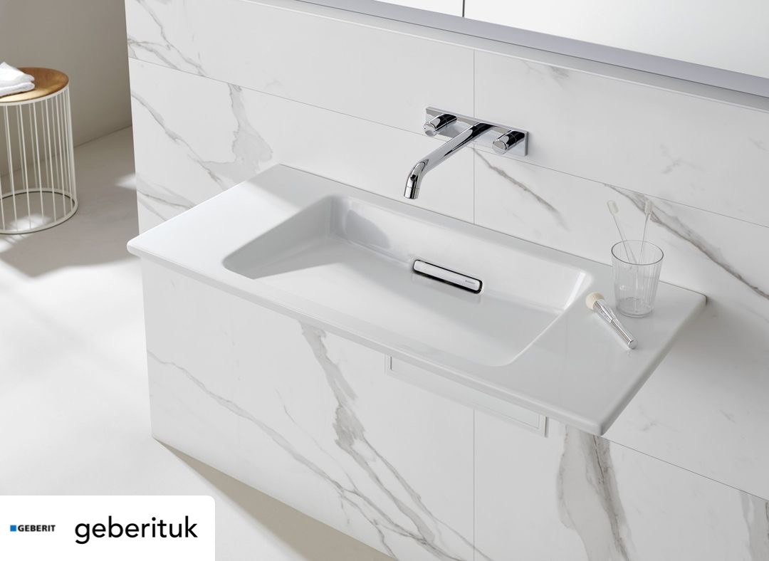 Opt for @GeberitUK's functional and elegant space saving products. Washbasins have been designed with a projection of 40cm and drain technology installed in the wall.