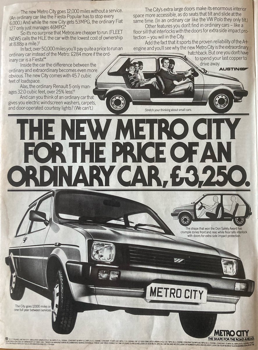 The Car Factoids 🚗 (@thecarfactoids) on Twitter photo Factoid Extra: It’s a mark of the Metro’s importance to BL that each of the 4 variants launched during 1982 were treated to their own separate advertising campaign & the City was the 1st of these…
@neilmbriscoe @t2stu <a href="/DarraghMcKenna/">Darragh McKenna 🌐</a> <a href="/TopOfTheTower/">Leo Nulty</a> <a href="/StvCr/">Steve Cropley</a> Factoid Extra: It’s a mark of the Metro’s importance to BL that each of the 4 variants launched during 1982 were treated to their own separate advertising campaign & the City was the 1st of these…
@neilmbriscoe @t2stu <a href="/DarraghMcKenna/">Darragh McKenna 🌐</a> <a href="/TopOfTheTower/">Leo Nulty</a> <a href="/StvCr/">Steve Cropley</a>