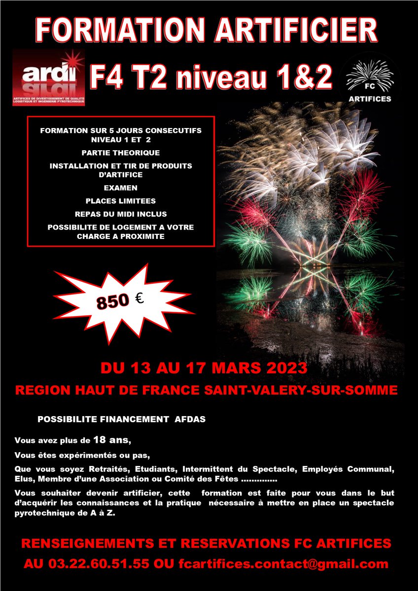Profitez rapidement de la Formation Artificier F4 T2 niveau 1 &amp; 2 région Haut de France, Saint-Valéry-sur-Somme. N'hésitez pas à nous contacter au 03.22.60.51.55 #fcartifices #ardi #artifices #artifice #artificier #artificiers #feudartifice #feuxdartifices #saintvalerysursomme