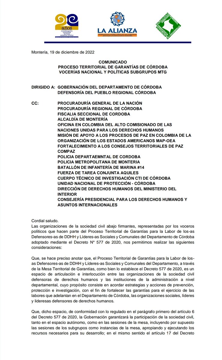 JoseOrtegaRuiz's tweet photo. Comunicado público de las Vocerias políticas de la Mesa Territorial de Garantías. 

El 29 de agosto de 2022 sesionó la MTG, por orden de un Juez, en la cual el secretario informó los recursos que habían como se ve en el acta.

Ahora el corrupto Gobernador convoca virtual... 🧵 https://t.co/b4aWufqPxp