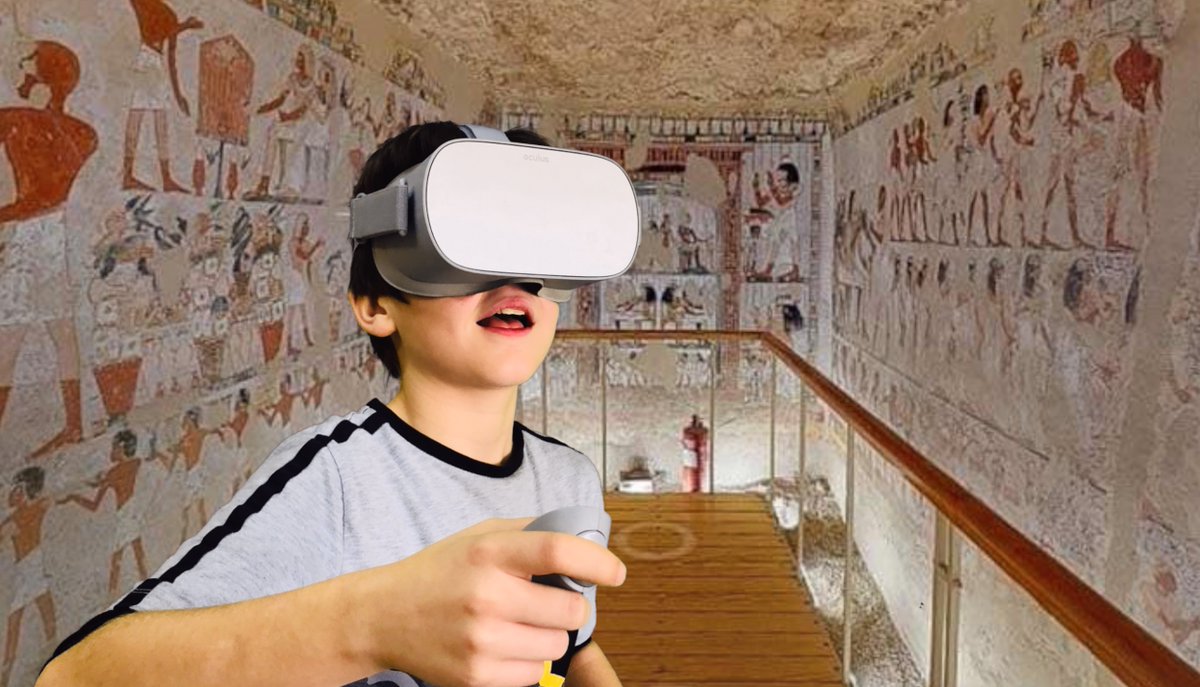 FernandoBoillos's tweet photo. Utilizar la Realidad Virtual para viajar a Egipto y que los alumnos se metan dentro de las pirámides y vean como se decoraban las salas, los pasillos... y vean los jeroglíficos e incluso la sala de los tesoros.Aprendizaje inmersivo 100%. Solo hay que ver sus caras...¡Les encanta! https://t.co/w5TYnnFRIv
