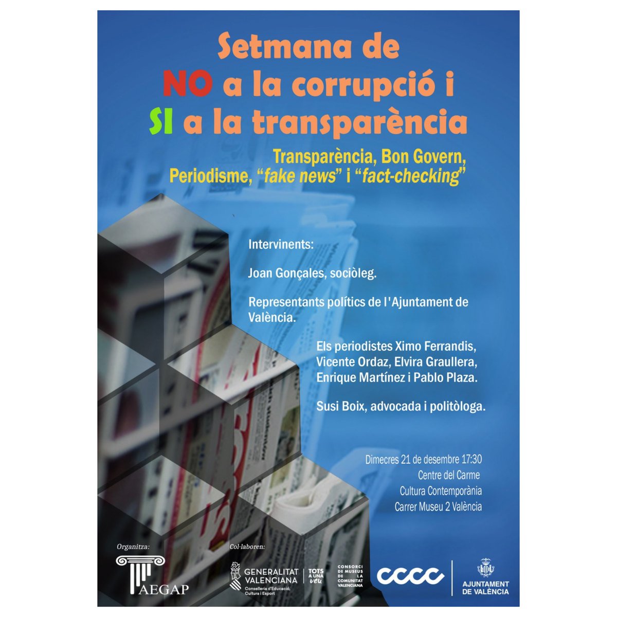 📢 El miércoles 21 tienes una cita 📢

🗣️Desde AEGAP te invitamos a nuestra charla sobre Transparencia, Buen Gobierno, Periodismo, Fake news y Fact check. 

👉De 17.30 a 20:00 en el Centro Cultural el Carmen