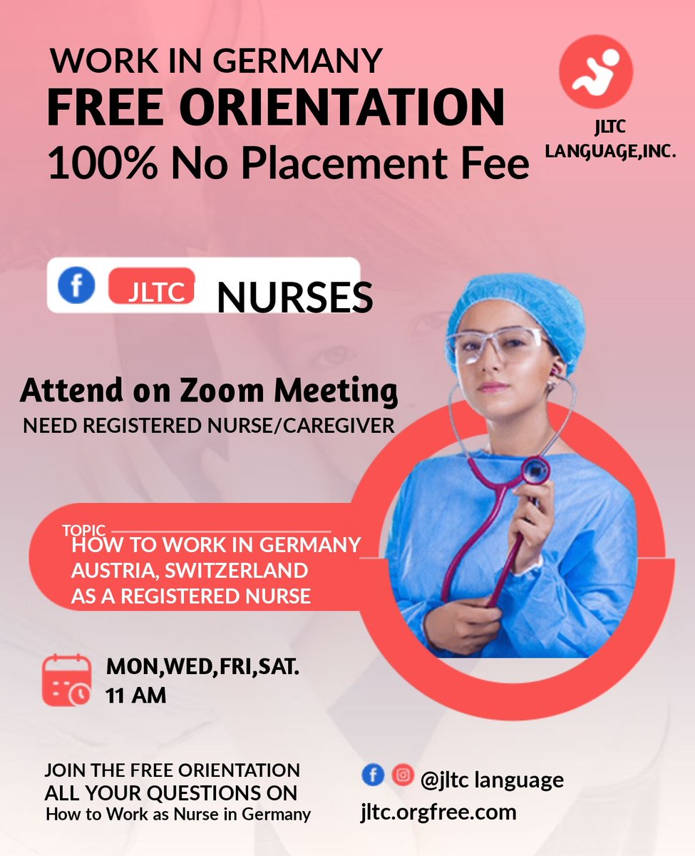jltcgroup2010's tweet photo. Free Orientation Seminar on How to Work in Germany as a Registered Nurse 2023
Attend free orientation every Monday/Wednesday/Friday/Saturday 11am  on zoom / face to face orientation .Fill in the FF. 
Complete name:
Age:
Location:
Mobile number:
09159465431/09185406400
Kamias,QC https://t.co/sJG6s4LCYM