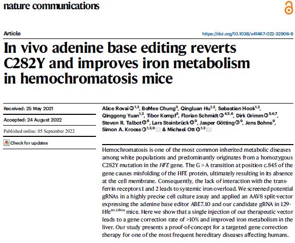 DGGTeV's tweet photo. Congratulations: The second #DGGTev #PaperofTheQuarter #2022Q3 #Award goes to Rovai et al. from @MHH_life for the use of in vivo base editing to improve the iron metabolism in hemochromatosis in a proof-of-concept study.
Read more here: https://t.co/b5cGHj6X7g

#GeneTherapy #PoQ https://t.co/MH1jOY0mZD