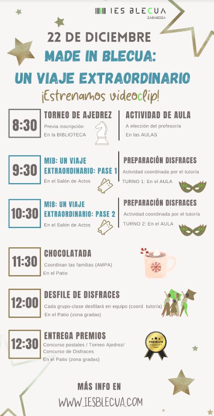 Empieza la cuenta atrás… Pero no podemos despedir el 2022 sin celebrar a lo Made in BleCua un momento muy especial!! 🥳 Ajedrez ♟, Chocolatada ☕️, Disfraces de equipo 🎅🏻, Entrega de premios 🥇 y el ESTRENO EN PRIMICIA del 🎥 videoclip “Made in Blecua: un viaje extraordinario”