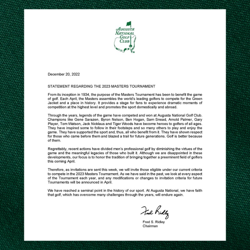 TheMasters's tweet photo. Statement from Chairman Fred Ridley, regarding the 2023 Masters Tournament.

Read more ➡️ https://t.co/VlktfYOZUc