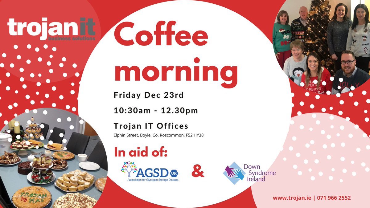 Join us on Friday, Dec 23rd, in our offices in Boyle for a festive coffee morning in aid of Glycogen Storage Disease and Down Syndrome Ireland. All are welcome and all proceeds will be divided evenly between the two charities. 
#downsyndromeawareness #glycogenstoragedisease