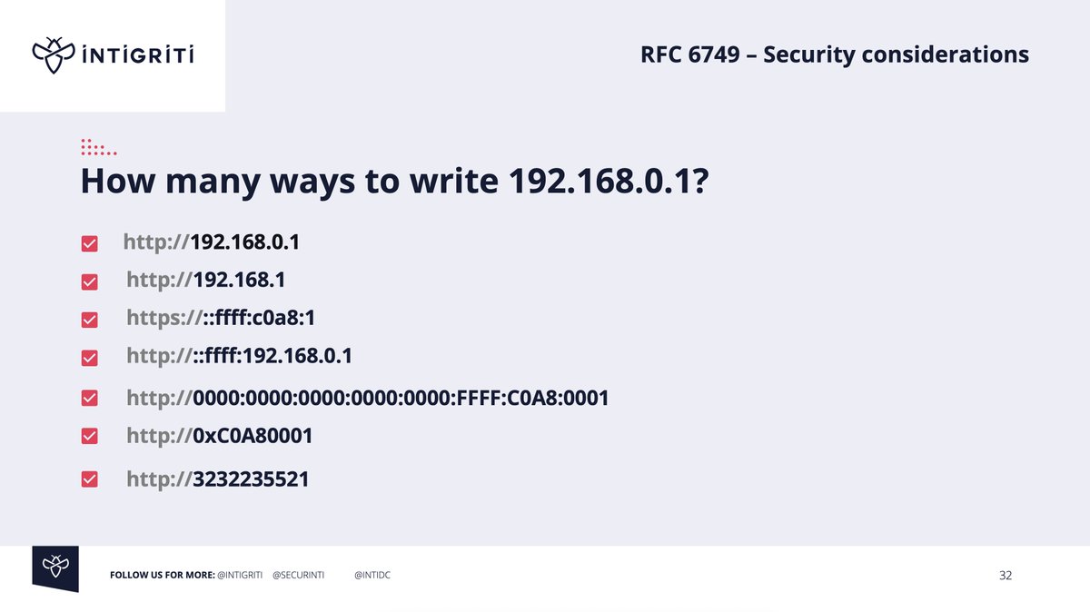 intigriti's tweet photo. Same goes for IP addresses.. turns out there's a lot of ways to write the same thing. If your application only blacklists one, these can be easy bypasses! https://t.co/6OkCJ8X9P5