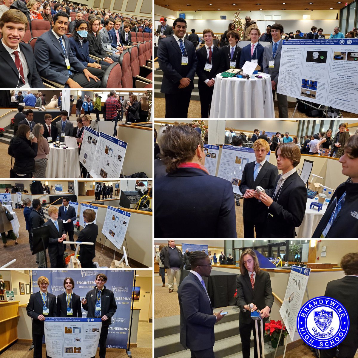 BrandywineHigh's tweet photo. Matthew Andrews, Thomas Baer, Anand John, Arun Krishnamurthy, Lucas Kroon, Gabe Pust, Noah Fake, Jake Valentine, and Drew Warrington presented their Engineering projects along side UD Engineering majors last week at the University of Delaware Design Day Celebration! https://t.co/4ELiXbjVaN