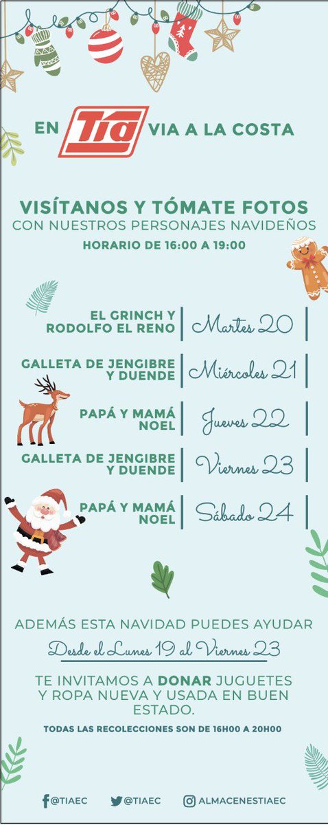 InfoViaLaCosta's tweet photo. #Importante para los peques de la casa en @TIAEC de #vialacosta esta semana habrán personajes navideños 🎅 para tomarse fotos. También hay espacio para fundaciones que atienden a grupos vulnerables puedan recoger donaciones de ropa y juguetes 🧸 nuevos y usados en buen estado. https://t.co/lBkEIp2zLZ