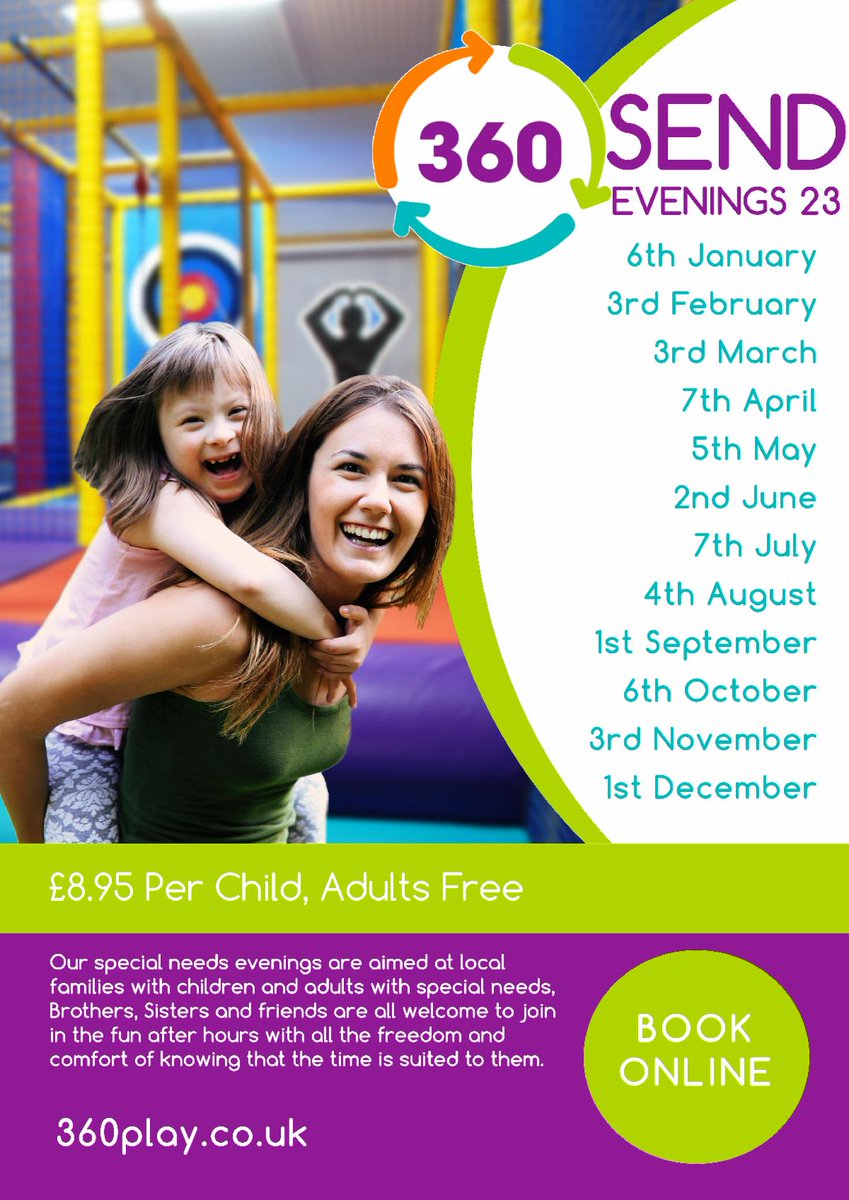 Our SEND evenings shall be returning in 2023. Hosted on the 1st Friday of every month, 6:30-8:30 pm. 
Adults attending are free and children are £8.95. Siblings and friends are all welcome to join in the fun! 360play.co.uk #SEND #SENDEvening #360Play #SEN