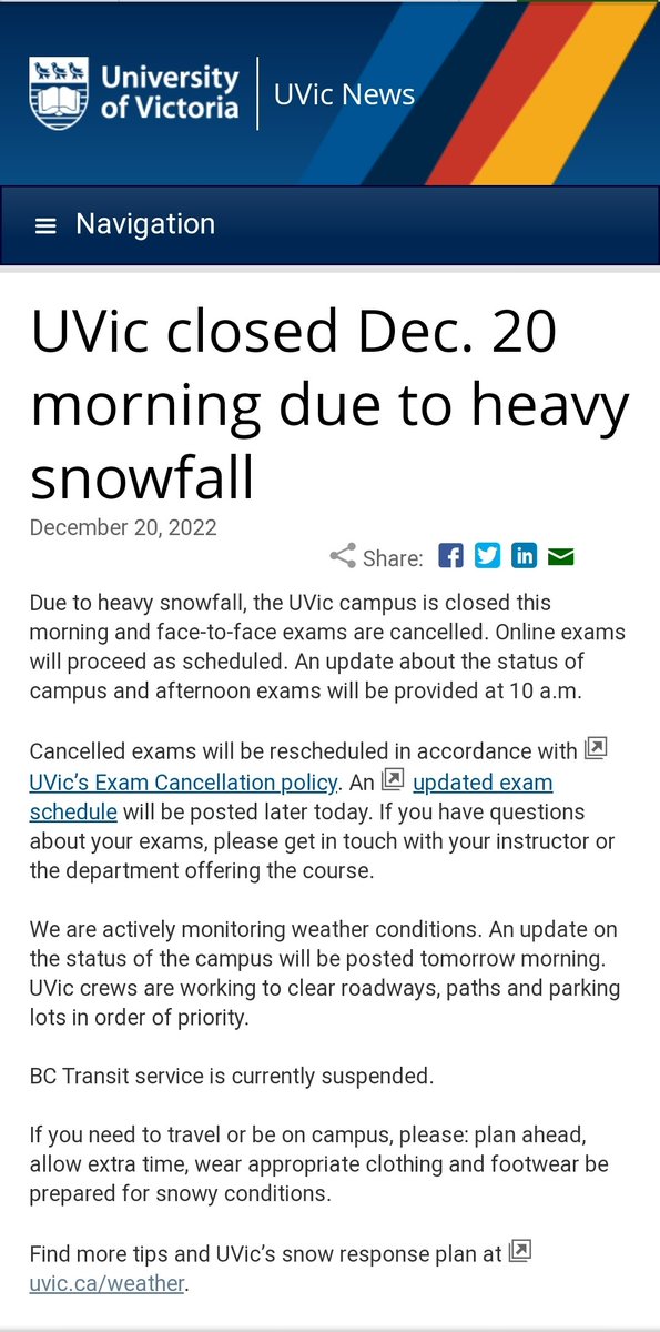 UVic Electrical & Computer Engineering (@uvic_eleccomp) on Twitter photo Due to heavy snowfall, the UVic campus is closed this morning, and face-to-face exams are cancelled. Online exams will proceed as scheduled. An update about the status of campus and afternoon exams will be provided at 10 a.m. uvic.ca
#winter #snow #staysafe <a href="/uvic/">UniversityOfVictoria</a> Due to heavy snowfall, the UVic campus is closed this morning, and face-to-face exams are cancelled. Online exams will proceed as scheduled. An update about the status of campus and afternoon exams will be provided at 10 a.m. uvic.ca
#winter #snow #staysafe <a href="/uvic/">UniversityOfVictoria</a>