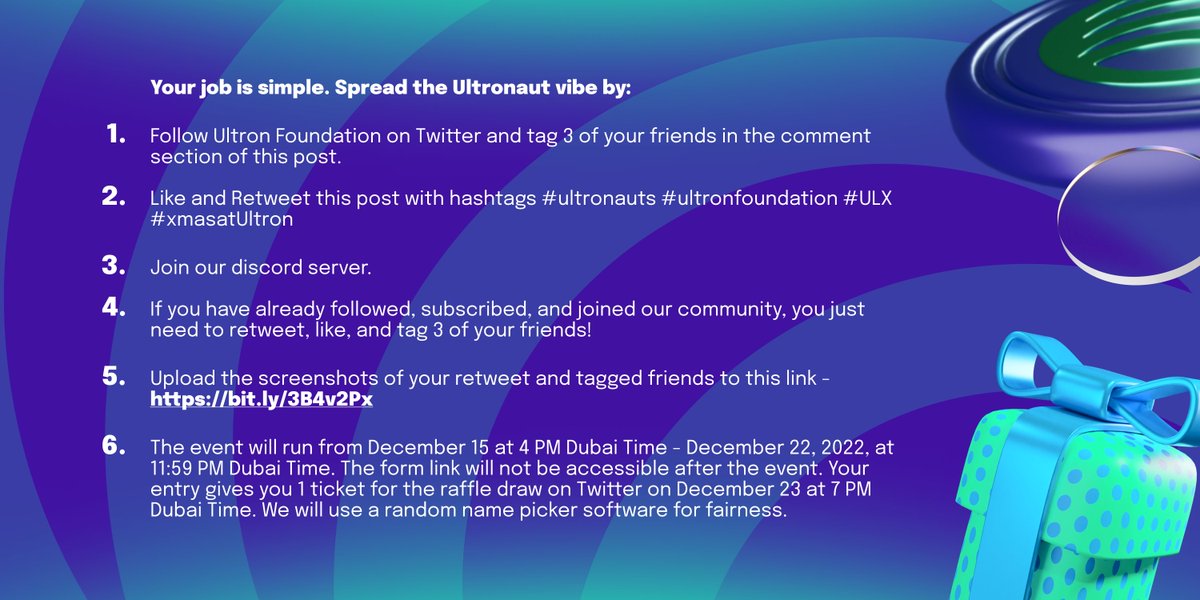 ultron_found's tweet photo. $ULX 20,000 Total of Christmas Giveaway

Read the mechanics: https://t.co/eR47fDa4tp 

👾Join our discord channel: https://t.co/caMG6eJApz
📸Screenshot your proof of entry
🔗Upload your entry here: https://t.co/4uIXOMd8Mj

#ultronauts #ultronfoundation #ULX #xmasatUltron https://t.co/c5fbMjCjXD