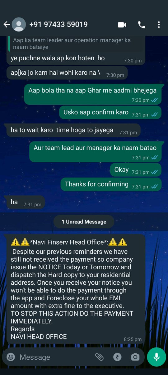 KarguptaA's tweet photo. @navifinance Just because I will be 18 days late such is a step you will take such a step. If this is not a threat then what is it. See the last message in the screenshot. Sent from Bholanath's personal number. https://t.co/LFuHNQGwcW