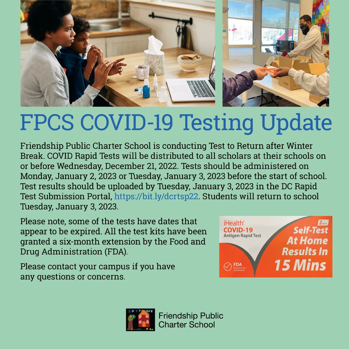 FriendshipPCS's tweet photo. All FPCS campuses will be closed this Friday, December 23rd for Winter Break.
All students will need to Test to return to school on Tuesday, January 3, 2023. Test kits will be sent home by this Wednesday, December 21st. #FriendshipProud #WinterBreak #testtoreturn #dccharterproud https://t.co/TxOPMII2wk