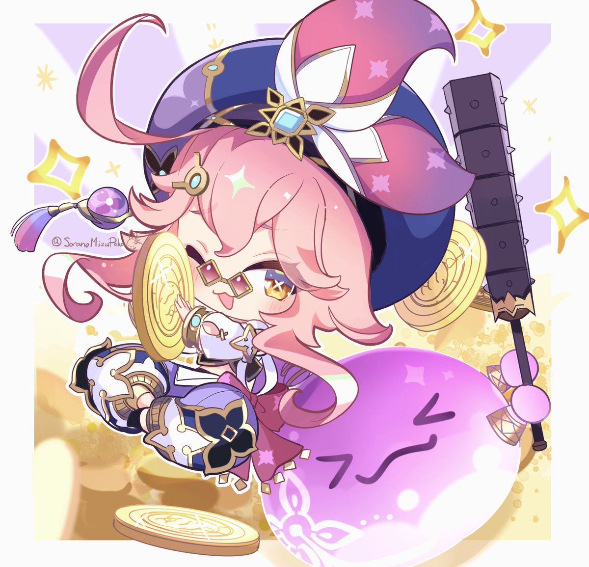 1girl pink hair hat one eye closed chibi pince-nez weapon  illustration images