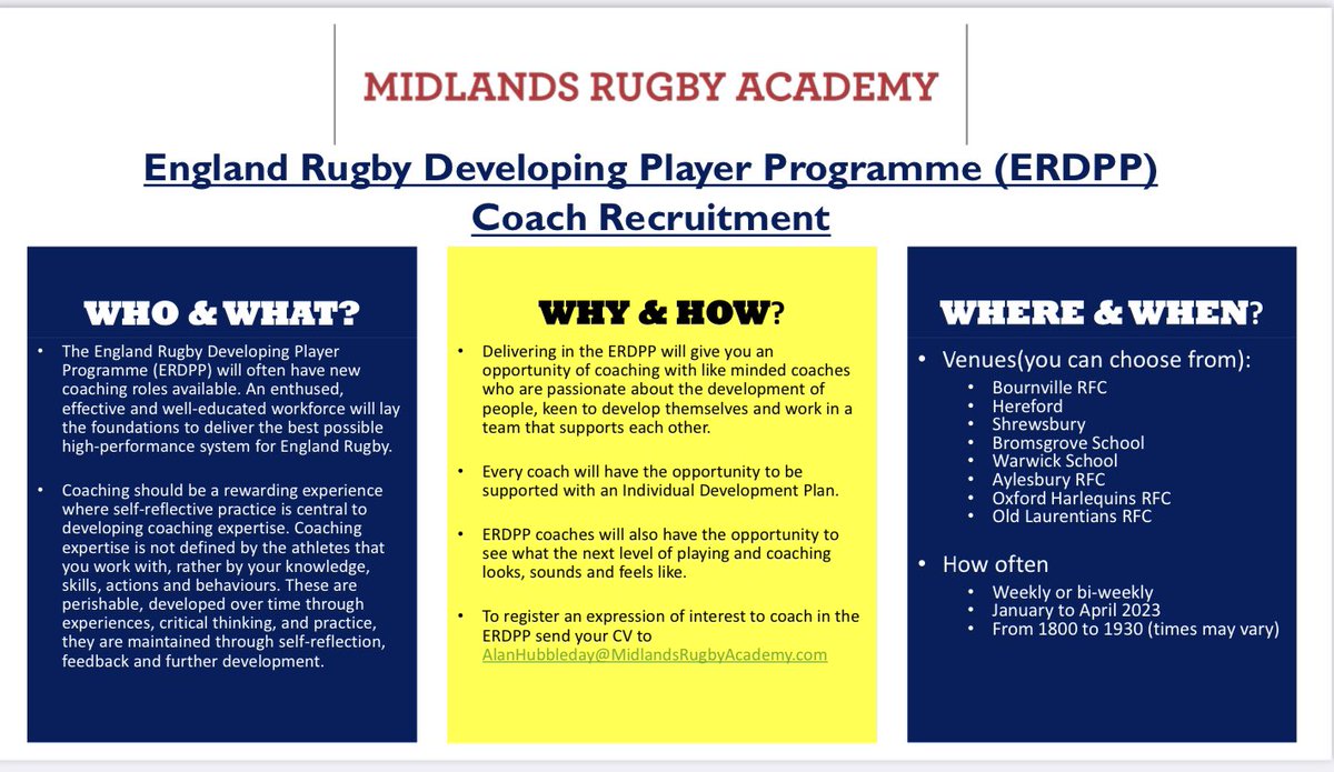 At the Midlands Rugby Academy we are always looking for coaches who care about developing players and themselves. Please like, RT or send your interest in to help develop the future #MRA #ERDPP #PlayerPathway