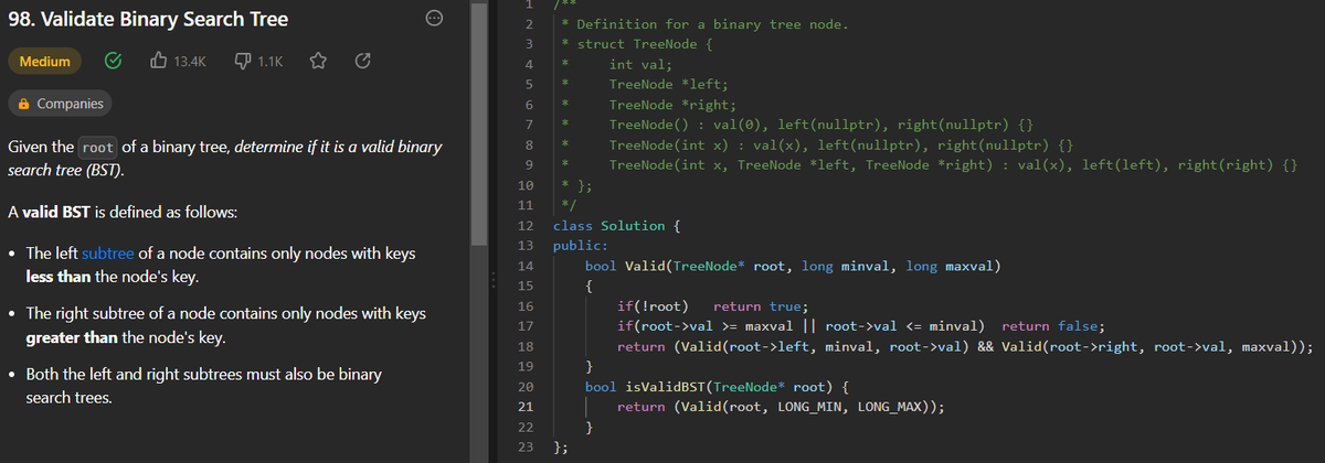 Kunjika_9's tweet photo. Day 60🎯:
Problem: Validate Binary Search Tree
#GirlsWhoCode #60daysofgrowth #60daysofcoding https://t.co/GMdTacdFvI