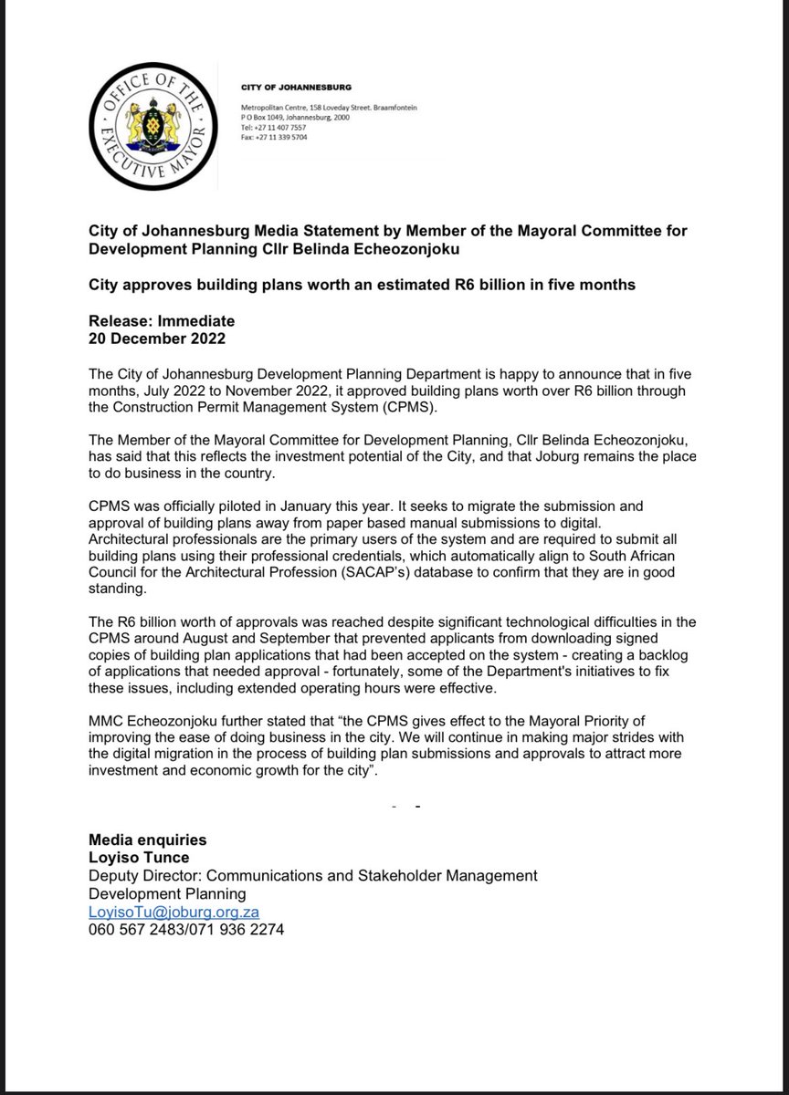 MEDIA RELEASE: The @CityofJoburgZA Development Planning Department has between July 2022 and November 2022, approved building plans worth over R6 billion through the Construction Permit Management System (CPMS). @BelindaE6 @MMC4DevPlanning See statement below for more info: