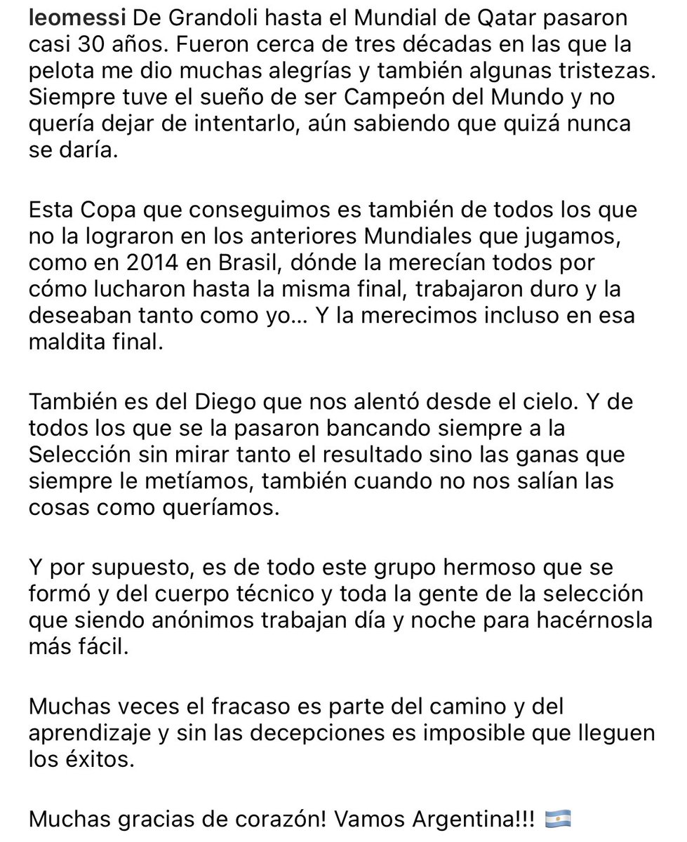 Lloren con nosotros 🇦🇷🙏🥲
⭐⭐⭐
Este es el texto que acompaña al posteo que realizó nuestro capitán

#FoxSportsArgentina