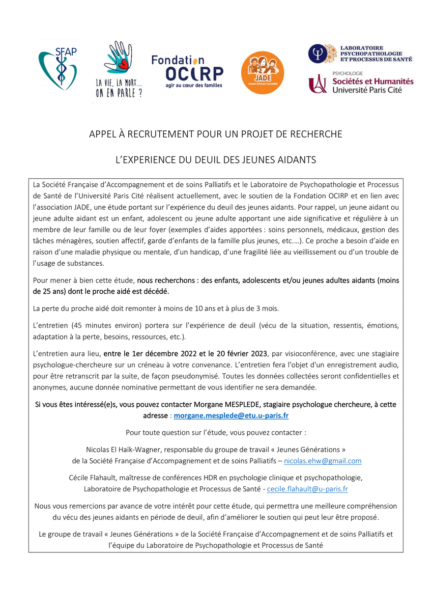 JeunesAidants's tweet photo. Dans le cadre d'une étude, nous recherchons : des enfants, adolescents et/ou jeunes adultes aidants (moins de 25 ans) dont le proche aidé est décédé.

Si vous êtes intéressé(e)s, contactez Morgane MESPLEDE : morgane.mesplede@etu.u-paris.fr

+ de détails 👇
@asso_SFAP https://t.co/rVvWNaQoVB