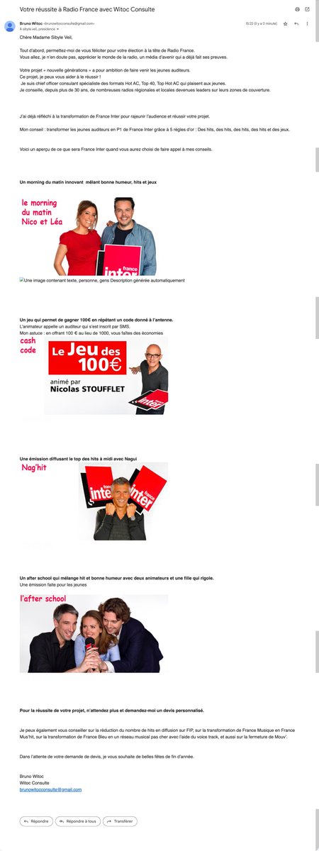 . Bravo <a href="/SibyleVeil/">Sibyle Veil</a> qui a été élue présidente de <a href="/radiofrance/">Radio France</a>
 . Comme je suis le meilleur consultant du monde, je lui ai envoyé un mail pour l'aider dans son projet.
Coeur avec les mains pour qu'elle me réponde et accepte mon devis
 #AlwaysOn #Radio