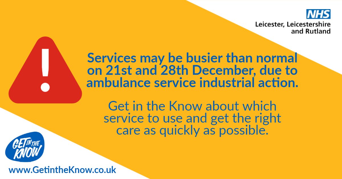 Health services may be busier than normal today due to ambulance services industrial action.

If you need urgent health care #GetInTheKnow about which service to use and get the right care as quickly as possible. getintheknow.co.uk