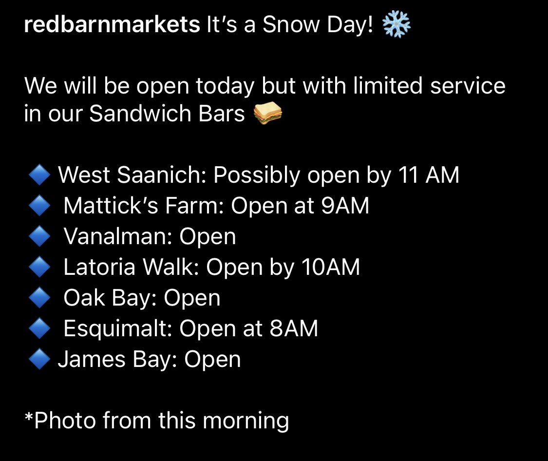 RedBarnMarkets's tweet photo. We are open today but with limited hours and service in our Sandwich Bar. ❄️
#yyj #BCStorm #redbarnmarket https://t.co/gicg2LGMyZ