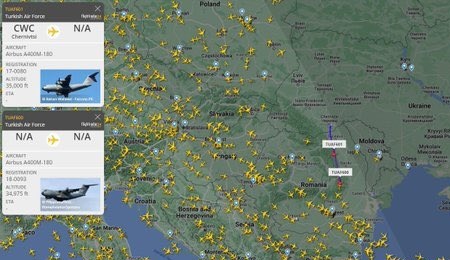 volkancordan's tweet photo. The 2 Turkish Air Force (TuAF) #Airbus #A400M which were grounded in #Ukraine️ #Borispol since Februray 2022 due the Russian attack, are now on way back to 🇹🇷

#Ukraina #freighter #airforce #Turkey https://t.co/GSbqGTLVwv
