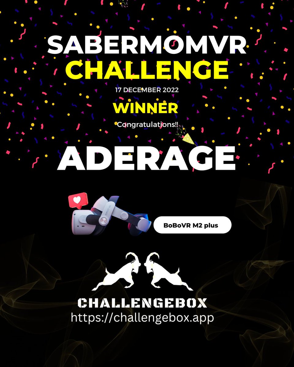 Congratulations Aderage 🎉
Winner of @SaberMomVR Boxing Fitness Challenge
#VRFitness #VRSports #VRFit #VRBoxing #VirtualReality #VR #Oculus #MetaQuest #Meta #Fitness #Metaverse 
@SideQuestVR @MetaQuestGaming