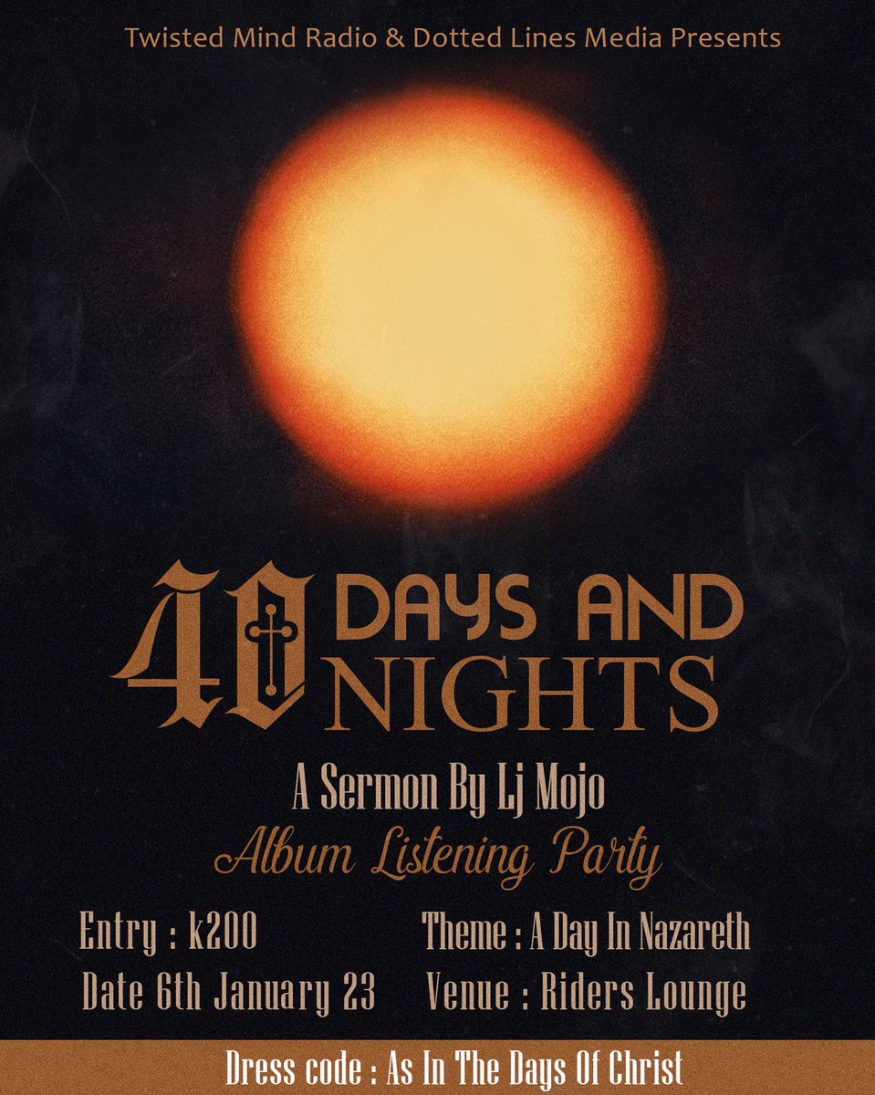 dottedlinesm's tweet photo. Clearing our throats!

We in conjunction with @TwistedMindRadio present.....

40 DAYS AND NIGHTS.

A DAY IN NAZARETH.

tickets on sale now @Webtickets Shop #4 Omega mall Northmead Lusaka. https://t.co/9dLdKdfX1k