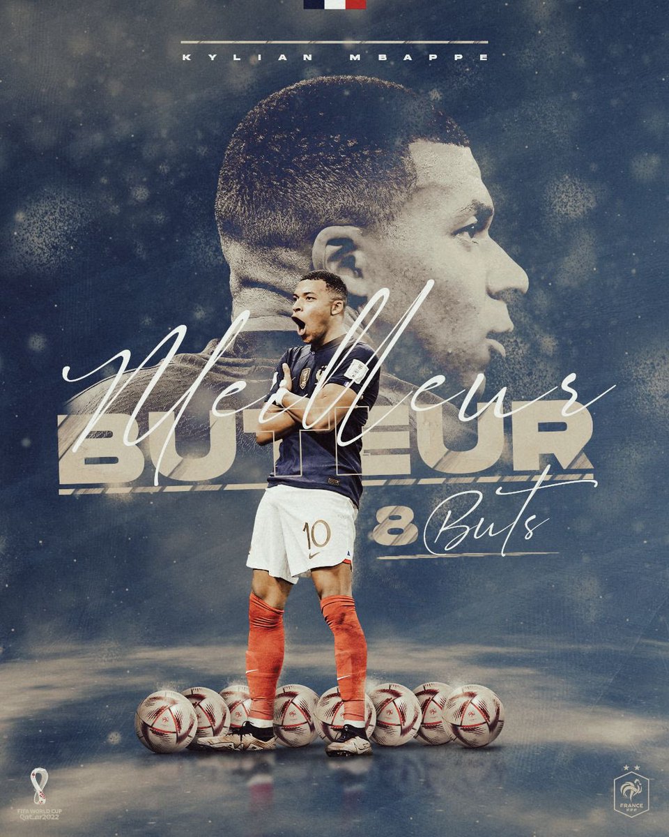 equipedefrance's tweet photo. Avec 𝟴 𝗿𝗲́𝗮𝗹𝗶𝘀𝗮𝘁𝗶𝗼𝗻𝘀 au compteur, @KMbappe est le 𝗺𝗲𝗶𝗹𝗹𝗲𝘂𝗿 𝗯𝘂𝘁𝗲𝘂𝗿 de la Coupe du Monde 2022 💥

Bravo Kylian 👏 

#FiersdetreBleus https://t.co/L60CKnM9fe