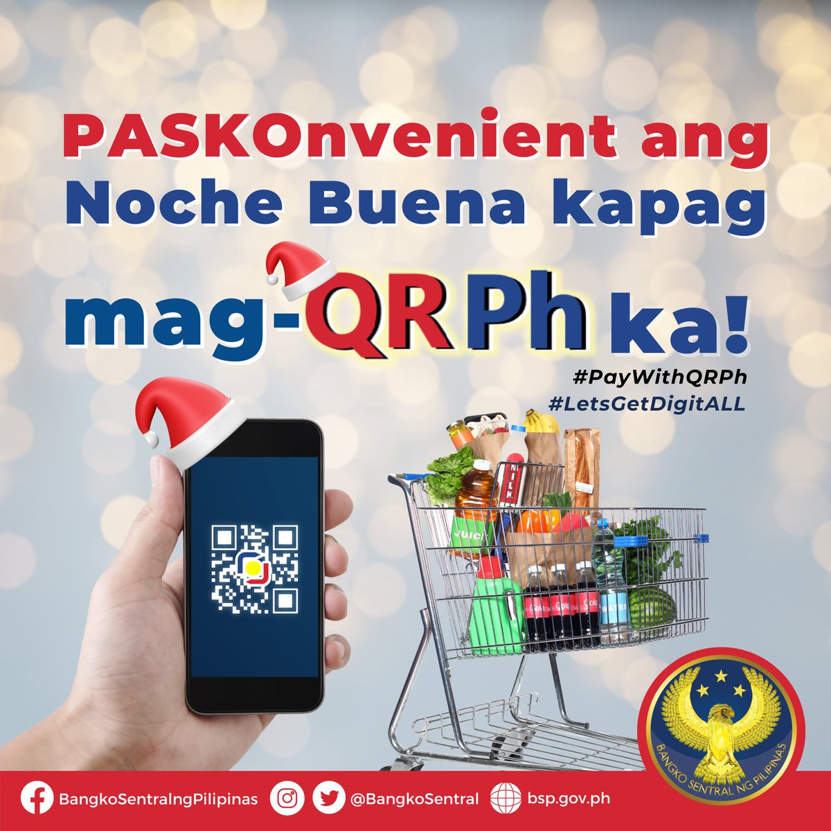BangkoSentral's tweet image. Para sa PASKOnvenient na pagbabayad ng pang-Noche Buena, i-QR Ph mo na!

Hindi problema kung wala kang cash na hawak. Isang scan lang ng QR Ph code gamit ang mobile app ng iyong bangko o e-money issuer, makapagbabayad ka na!

#PayWithQRPh
#LetsGetDigitAll
#BSP
