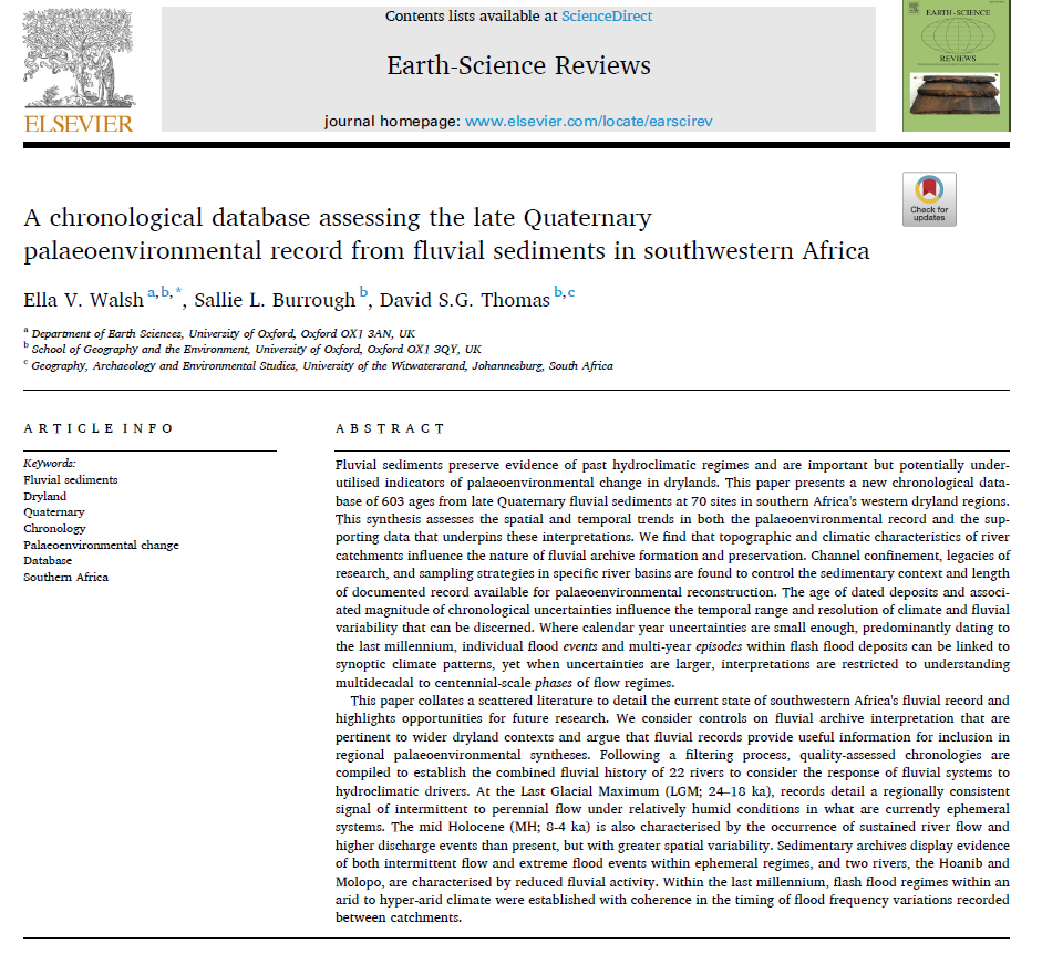 Our paper is now out in Earth-Science Reviews! We bring together chronologies from fluvial sediments across southwestern Africa to assess evidence of late Quaternary hydrological change. @SLBurrough @kalaharidave doi.org/10.1016/j.ears…
