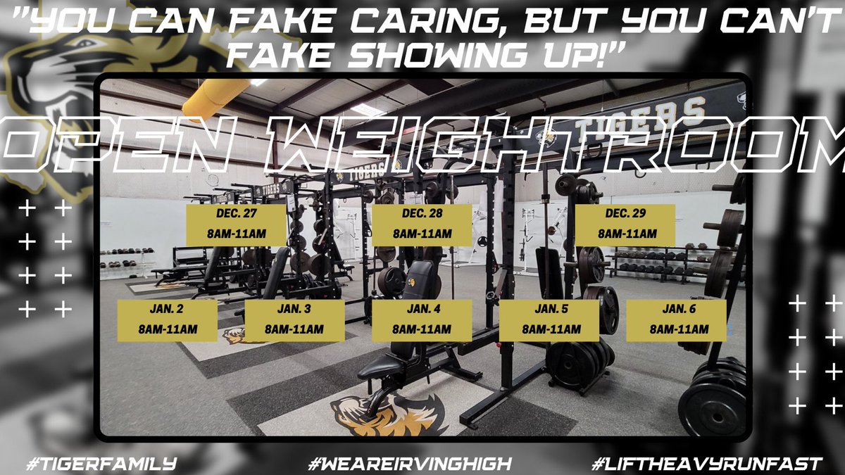 _IHSTigerFtball's tweet photo. "No Lift. No Gift." - Santa
Come get better during the Christmas Break!
#TigerFamily #WeAreIrvingHigh #LiftHeavyRunFast @IrvingISD @IISDAthletics @sambacker61 @IrvingHigh @CoachD_Horton @CoachLara817 @Coach_Gilbert_2 @coach_coronado7 https://t.co/XXFI9o8ZNX
