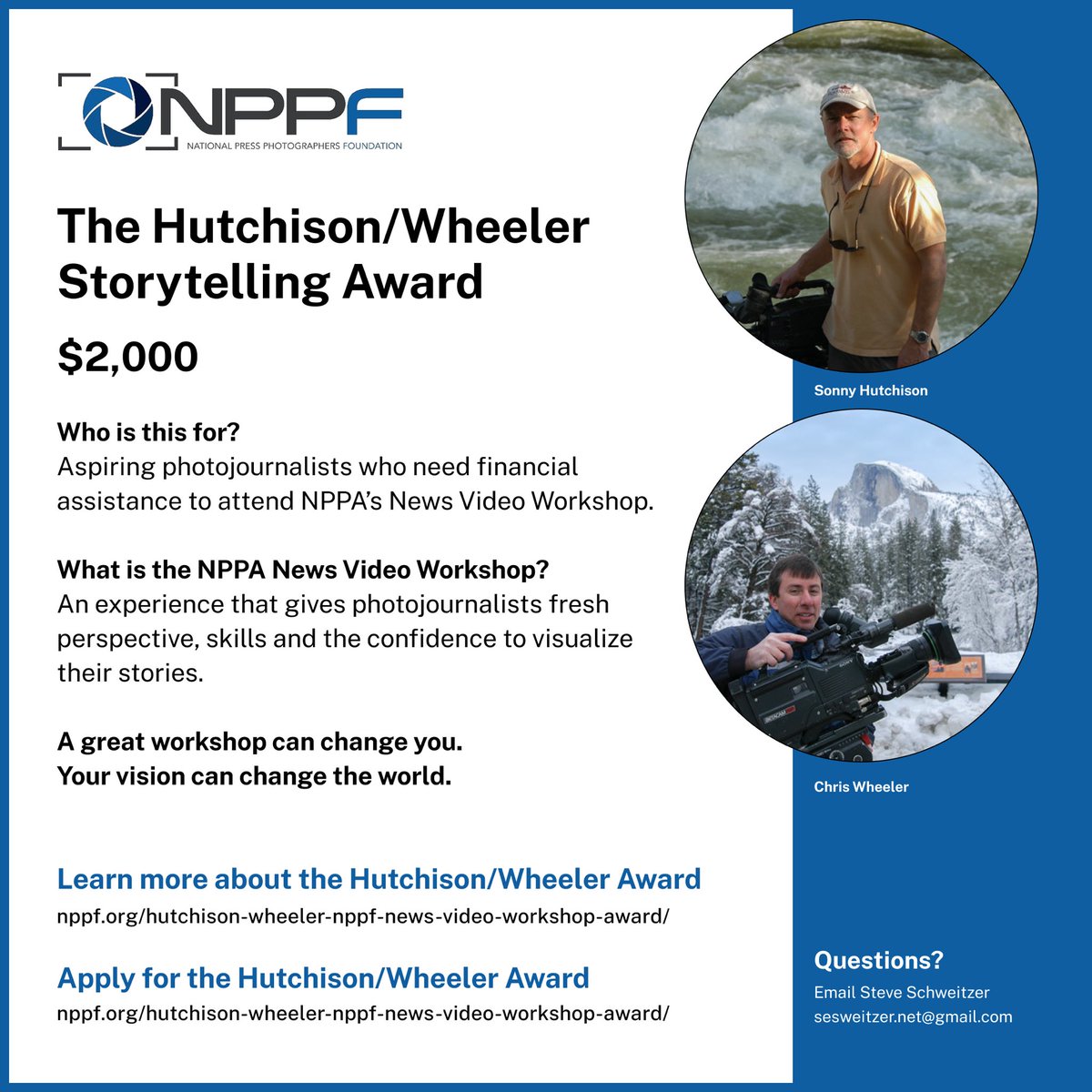 Applications are now open for NPPF's newest award for aspiring photojournalists who need financial assistance to attend NPPA’s News Video Workshop. Apply online for The Hutchison/Wheeler Storytelling Award:  bit.ly/HutchisonWheel… Deadline: Jan. 31, 2023