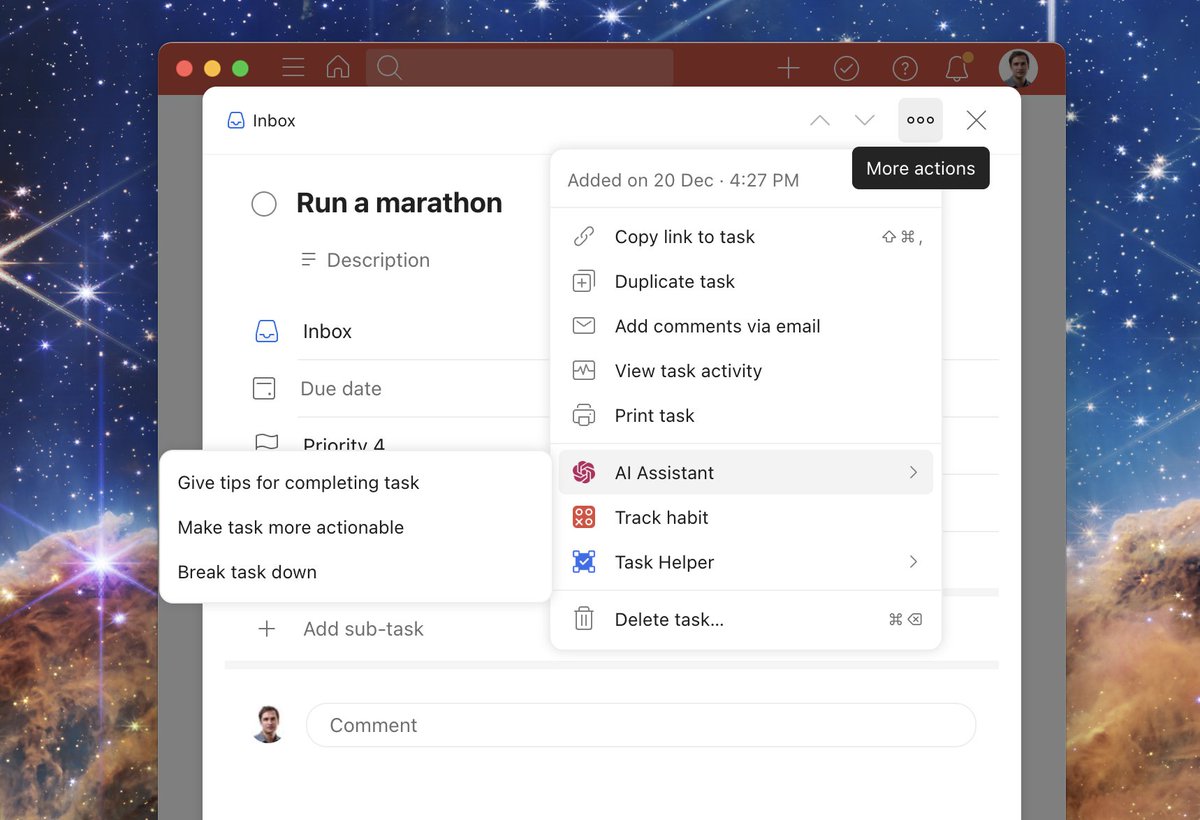 We are in the process of releasing three new AI Assistant features in Todoist! 🤖🦾

— Break down a task into sub-tasks
— Rewrite the task so it's more actionable
— Get tips for completing a task