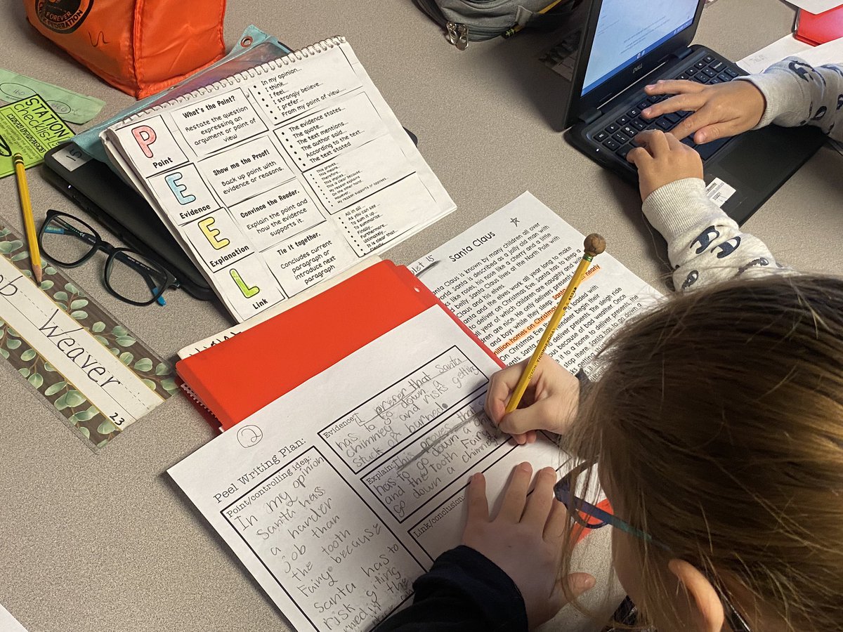 BCSDCrestview's tweet photo. Ms. Flama’s 2nd graders working on an opinion writing using the PEEL strategy. Who has a harder job, either Santa or the Tooth Fairy? @missflama https://t.co/KBwOafsaUo