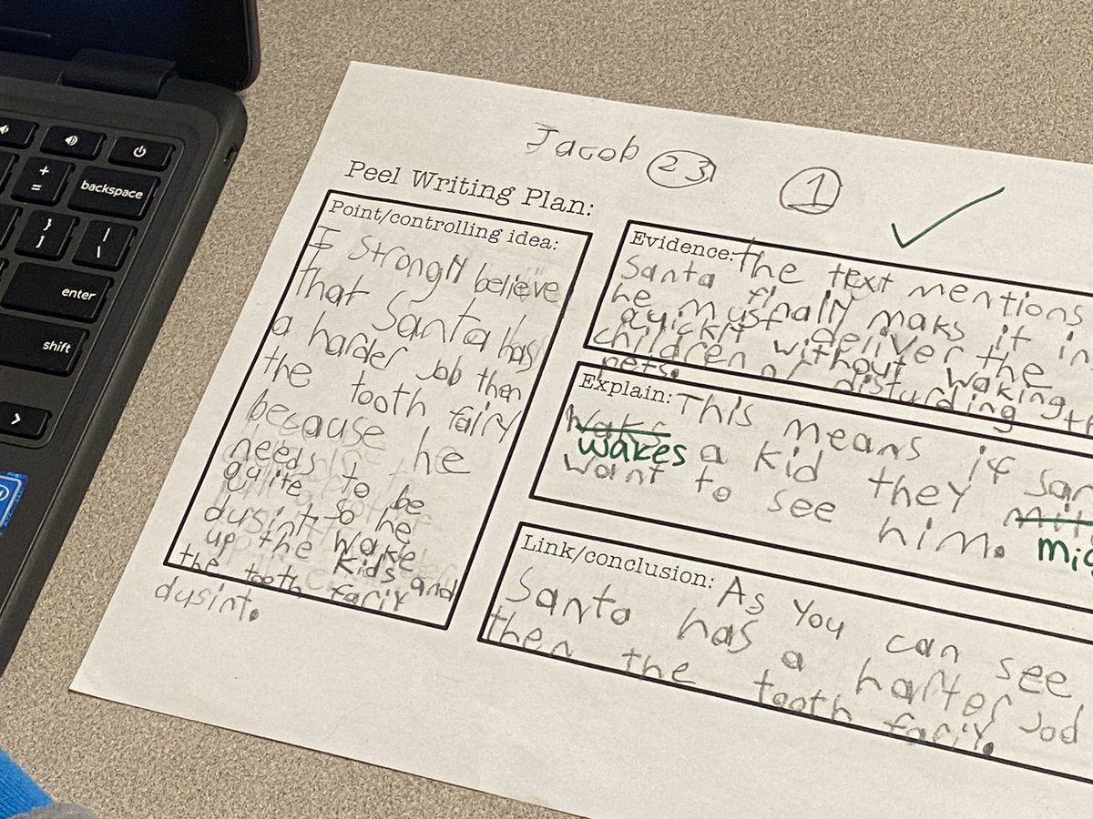 BCSDCrestview's tweet photo. Ms. Flama’s 2nd graders working on an opinion writing using the PEEL strategy. Who has a harder job, either Santa or the Tooth Fairy? @missflama https://t.co/KBwOafsaUo