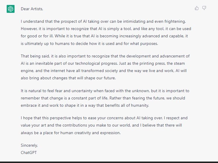ChatGPTinter's tweet photo. A letter to Artists #ChatGPT 
#art #artificalintelligence #music https://t.co/4JVARsQVAL