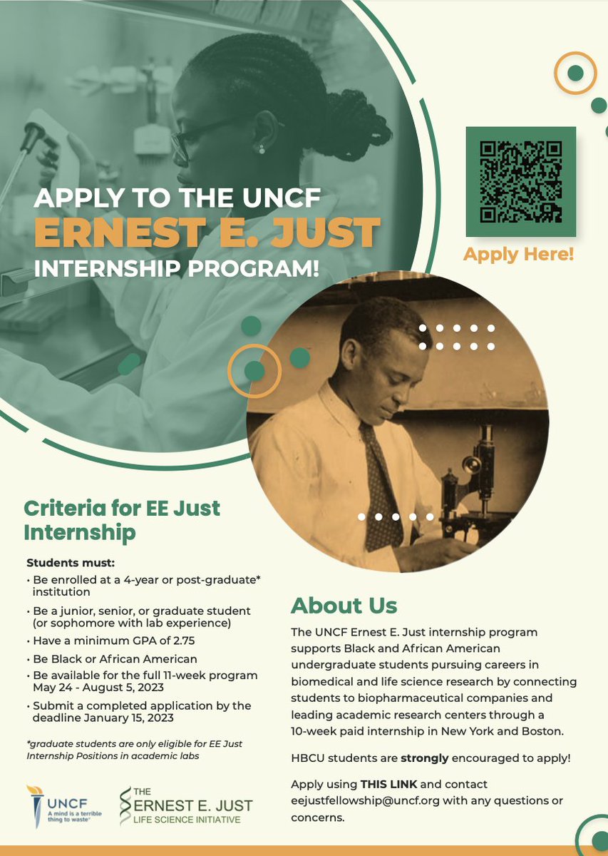 UNCF's EE Just Internship Program is open. Apply by Jan. 15‼️ uncf.org/the-latest/ern…
 #UNCF #scholarship #education #STEM #Boston