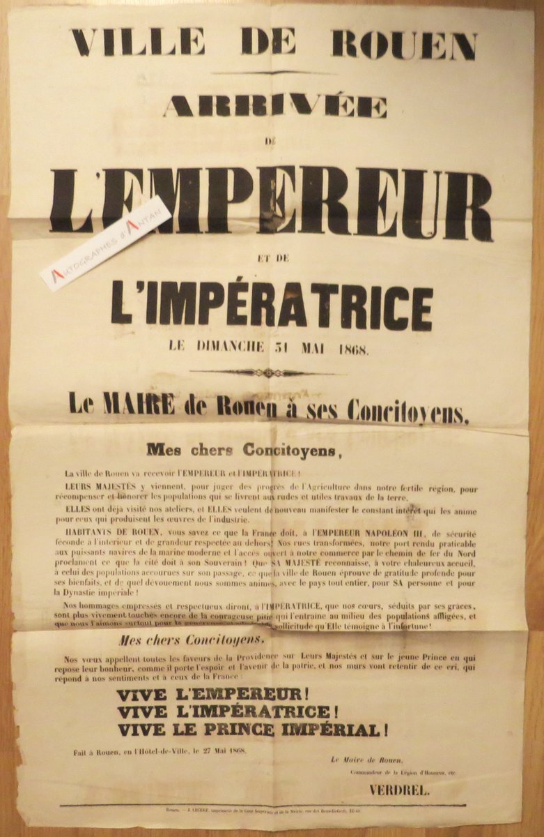 rdefranqueville's tweet photo. Rarissime #affiche 1868 annonçant l'arrivée de l'Empereur & de l'Impératrice dans la ville de ROUEN
Texte du Maire #Verdrel à ses concitoyens
Format : 55x90cm
Fin enchère : 2/01/23 https://t.co/Eudkig71tw
#napoleonIII #seinemaritime #seineinferieure #documenthistorique #normandie https://t.co/gsMYech4mM