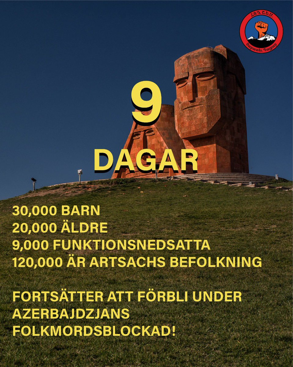 AyfSweden's tweet photo. 🚨För den 9:e dagen.
#Azerbajdzjans olagliga #blockering av #Artsach orsakar en #mänsklig katastrof!!
INGA LIVSMEDEL, MEDICINER TILLÅTS ATT SKICKAS IN I ARTSACH!
#ArtsakhBlockade https://t.co/dZeJ4D2HCo