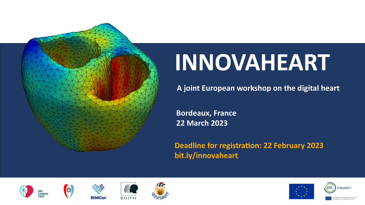 Save the date: 22 March 2023 in Bordeaux, France. For the first time, five EU funded projects join their forces to bring together different actors of the #insilico #cardiovascular ecosystem, during a one-day workshop. more information on: bit.ly/innovaheart