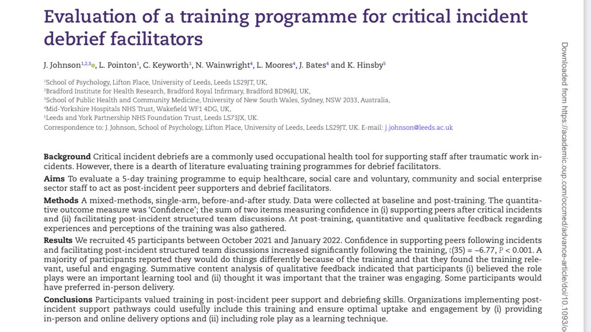 Judith Johnson (@drjtjohnson) on Twitter photo Critical Incident Stress Debriefing can help employees’ natural recovery after work incidents
Making sure debrief facilitators are appropriately trained is crucial,but what should training courses do?
Our study!
<a href="/DrChrisKeyworth/">Chris Keyworth</a> <a href="/LucyPointon1/">Lucy Pointon</a> @LeedsPsyc eur03.safelinks.protection.outlook.com/?url=http%3A%2… Critical Incident Stress Debriefing can help employees’ natural recovery after work incidents
Making sure debrief facilitators are appropriately trained is crucial,but what should training courses do?
Our study!
<a href="/DrChrisKeyworth/">Chris Keyworth</a> <a href="/LucyPointon1/">Lucy Pointon</a> @LeedsPsyc eur03.safelinks.protection.outlook.com/?url=http%3A%2…