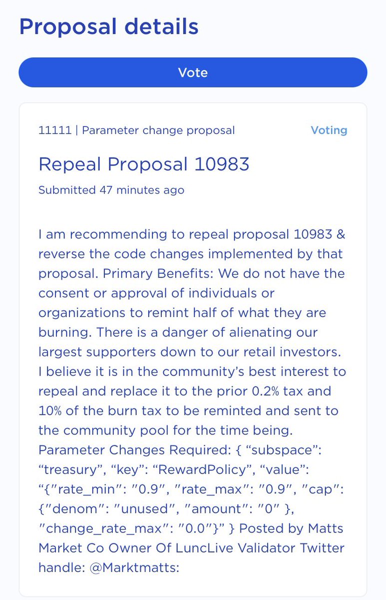 MrDiamondhandz1's tweet photo. BREAKING: Proposal #11111 to REPEAL proposal #10983 which mints 50% of all burns is now live for voting on Terra Station. It’s time for the #LUNC community to support #Binance like they supported us. Get out and vote! 💎🤲🏻 #Crypto $LUNC https://t.co/EX99UIBQA1